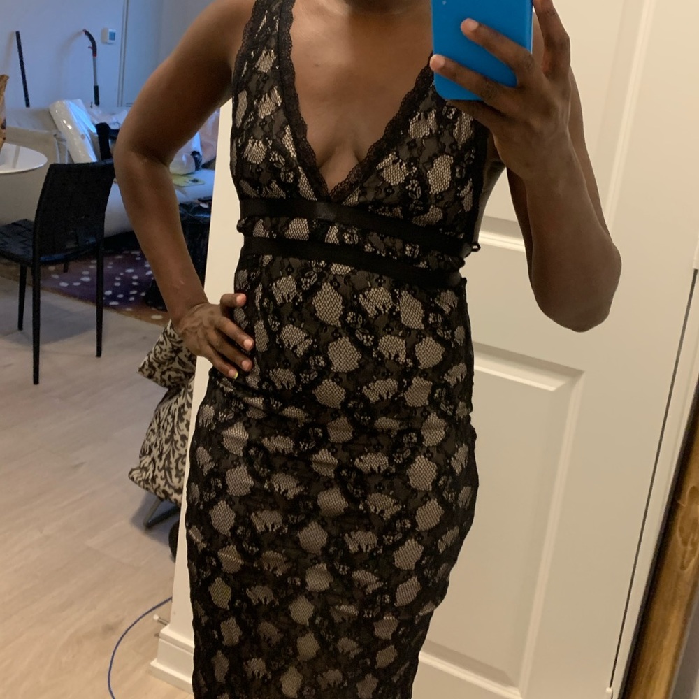 . Small midi open back. Cutout lace v deck dress